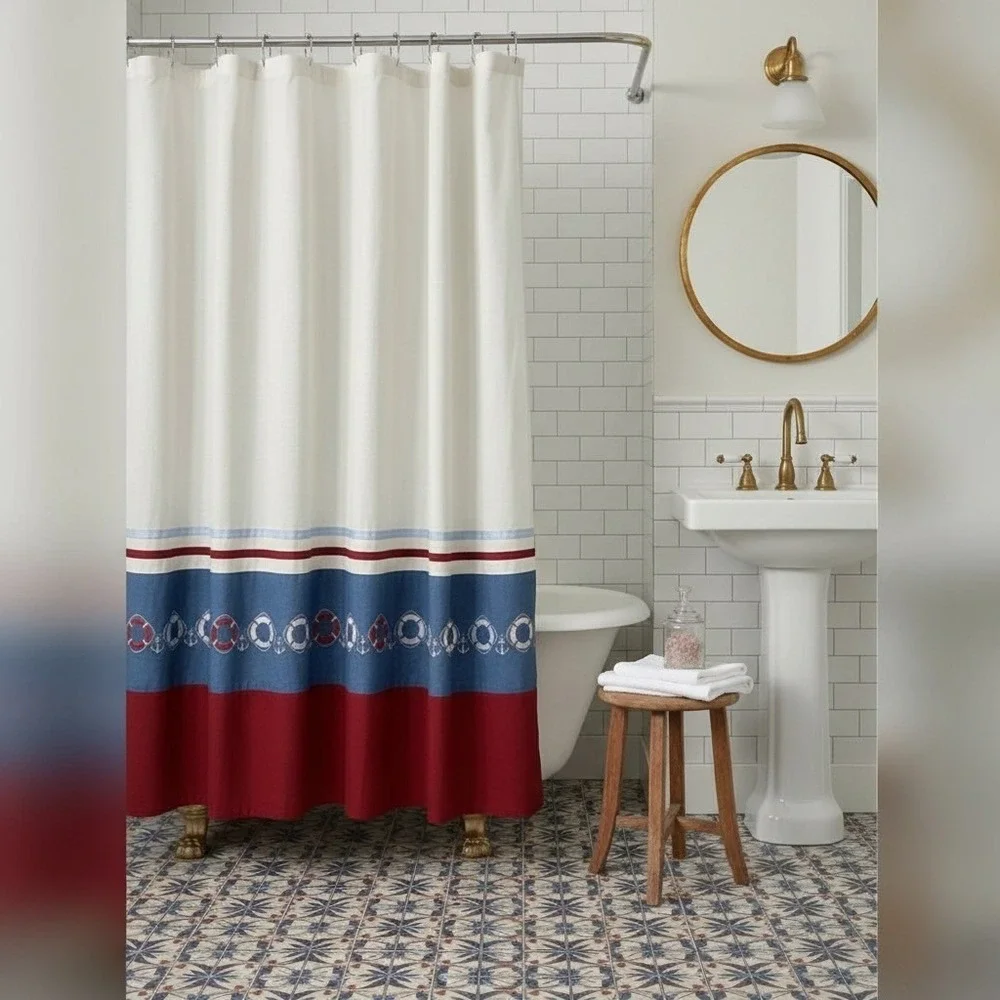 Nautical Anchor Life Preserver Shower Curtain Red Blue White Fabric‎ w/ 12 Hooks